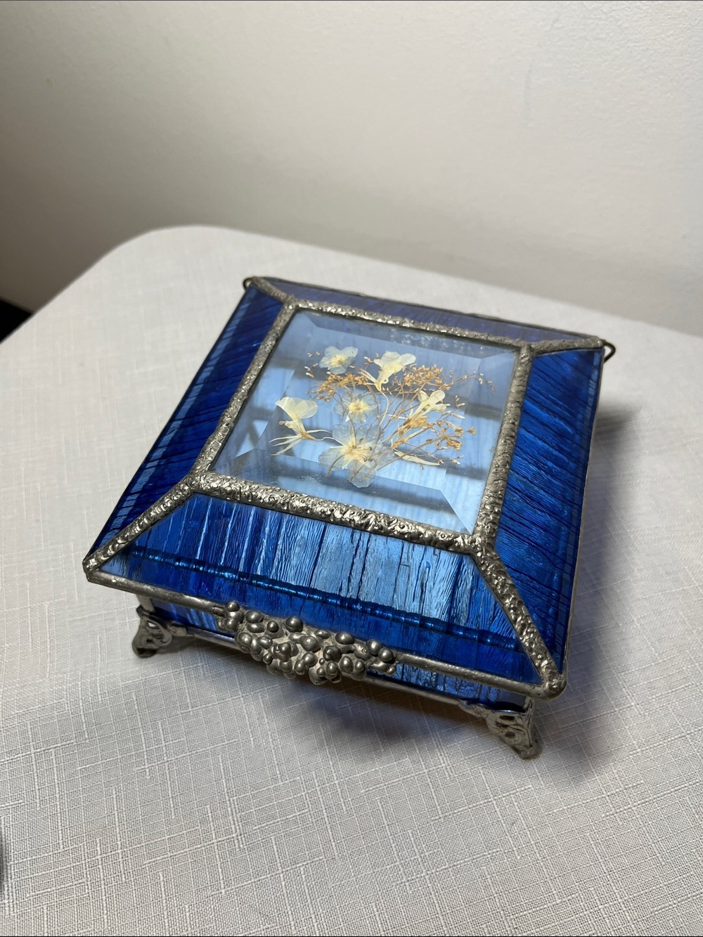 Vintage Blue Stained Glass Jewelry Trinket Box with Floral Motif
Like new